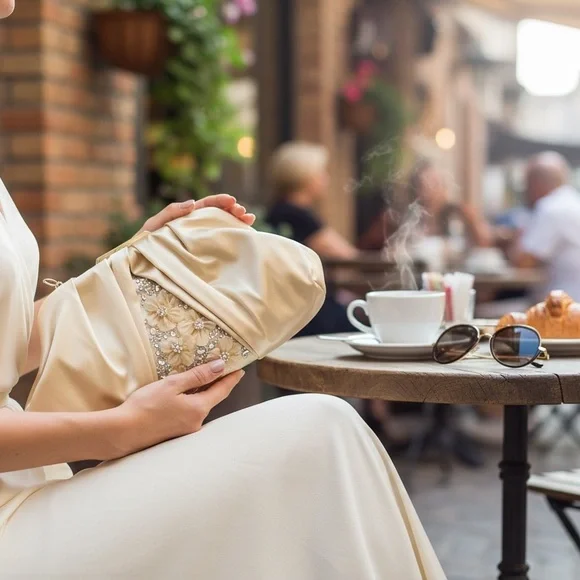 New Badgley Mischka Gold Satin Clutch w/ Pearl Flowers NWT Retail $179 - Picture 5 of 12
